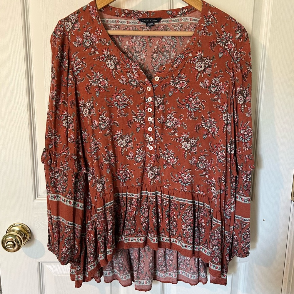 AE Rust Orange Floral Flowy Button-Front Boho Peasant Tunic Blouse | Size M